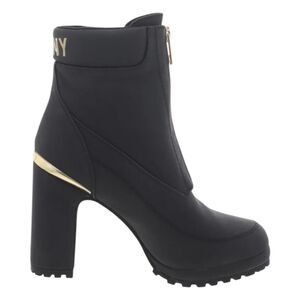 DKNY Logan Lug Sole Boots Black Faux Leather Zipper Gold Accents 6